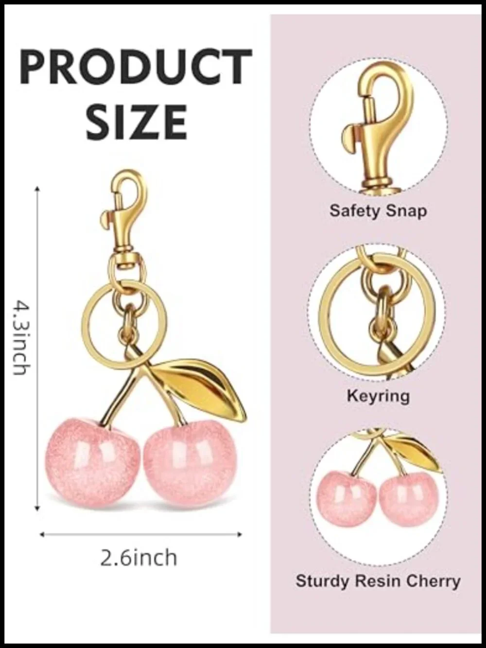 Sparkling Resin Cherry Bag Charm Keychain Cute Purse Accessory Glitter Gold